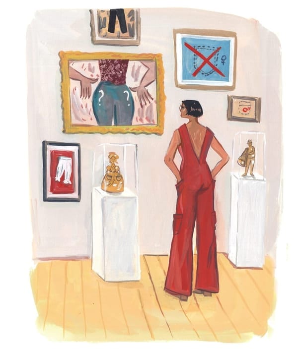 An illustration of a woman wearing a jumpsuit, with her hands in her pockets, looking at art in a gallery.