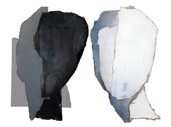 An abstract piece of artwork featuring two heads in black, white and light blue made with fine art paper and pigmented ink.