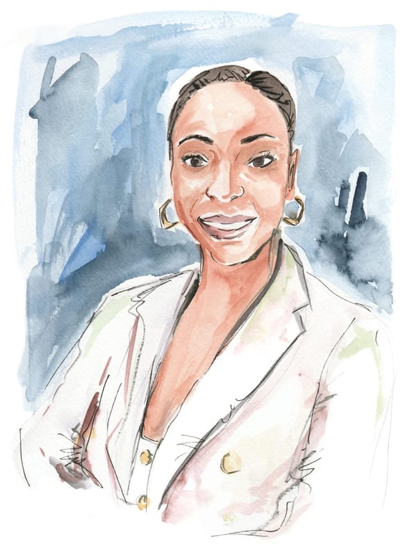A watercolor sketch of Natalie Campbell, a candidate running for mayor of London in 2024.