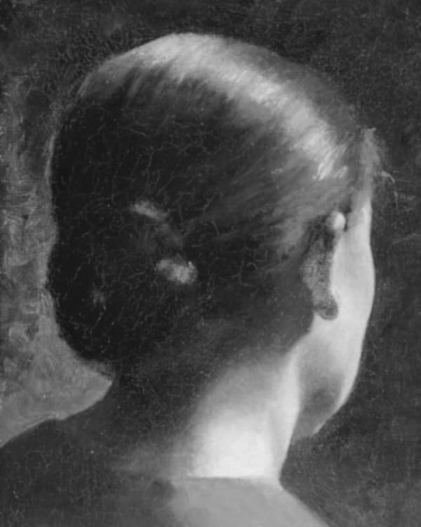 A black and white crackled painting of a woman's head from behind.