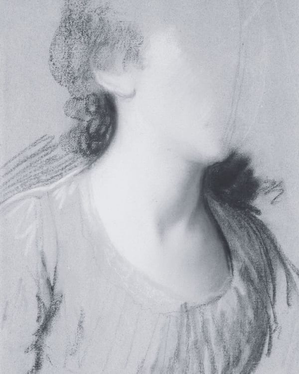 A black and white charcoal drawing of a young woman with her face blurred.