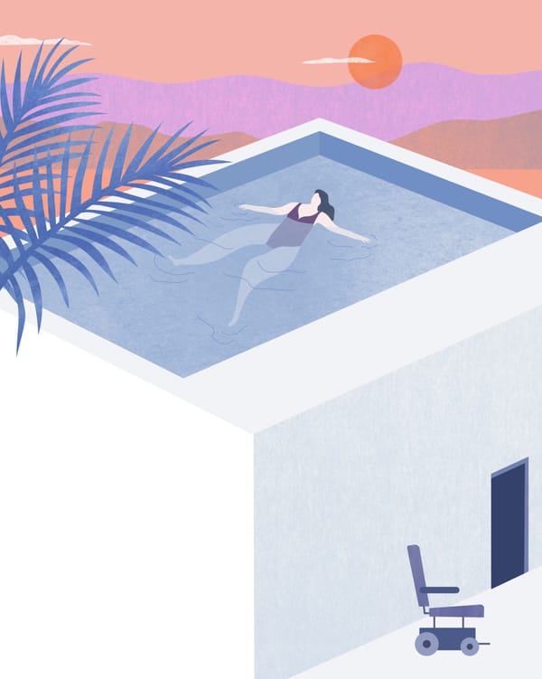 An artists's rendering of a woman floating on her back in a lovely swimming pool. Next to the pool is a powerchair. 