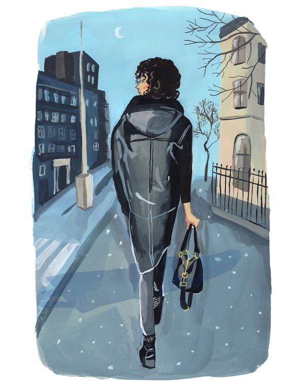 A painting of a stylish woman walking in a city street with the moon rising. She is looking around her. 
