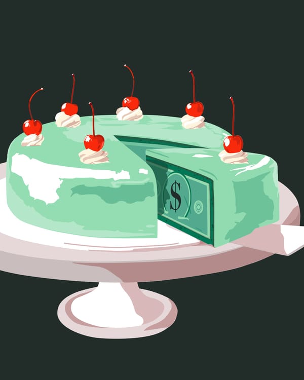 Illustration of a green cake with cherries on top on a pink platter. We see a slice being cut: inside the slice is a dollar bill.