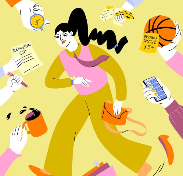 Illustration showing a woman looking at her watch as hands reach in proffering keys, a wallet, a permission slip, a phone and other items.