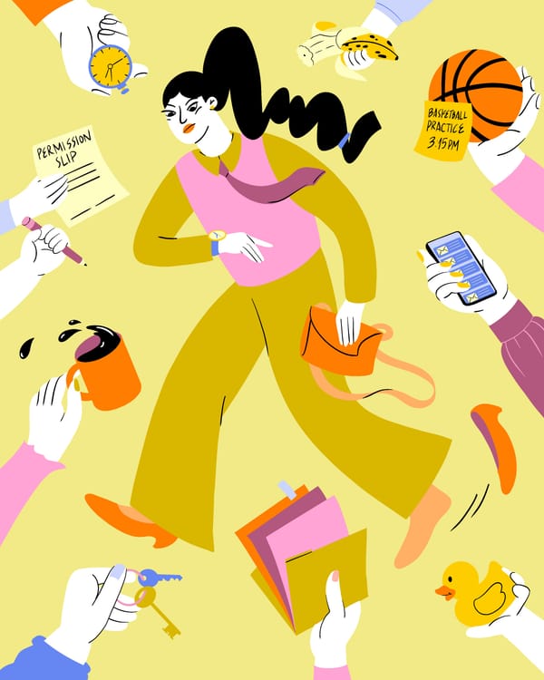 Illustration showing a woman looking at her watch as hands reach in proffering keys, a wallet, a permission slip, a phone and other items.