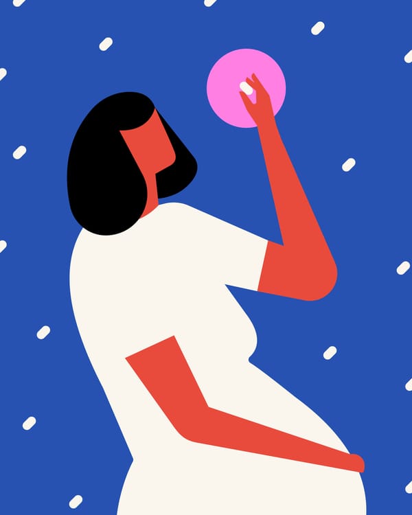 An illustration of a pregnant person holding a medicine capsule.