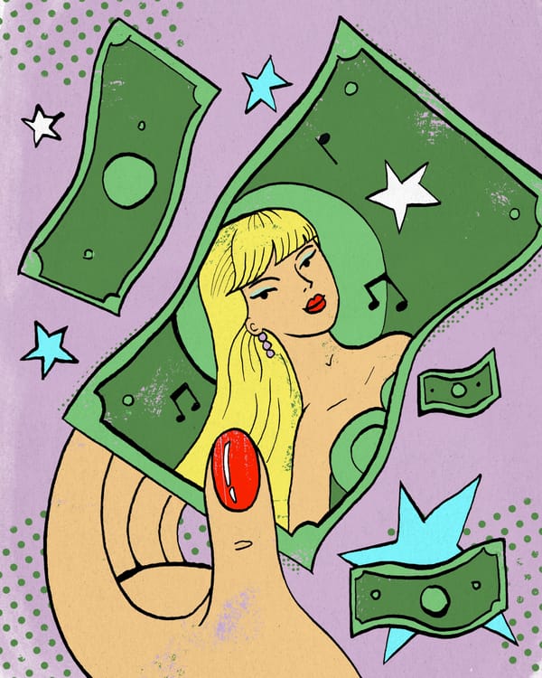 An illustration of hand holding paper currency. Taylor Swift's face is on it. 