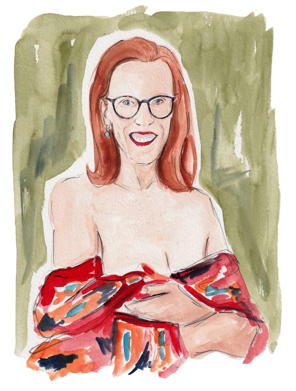A watercolor of the author, Pamela Redmond. She has a red cloth draped over her chest. 