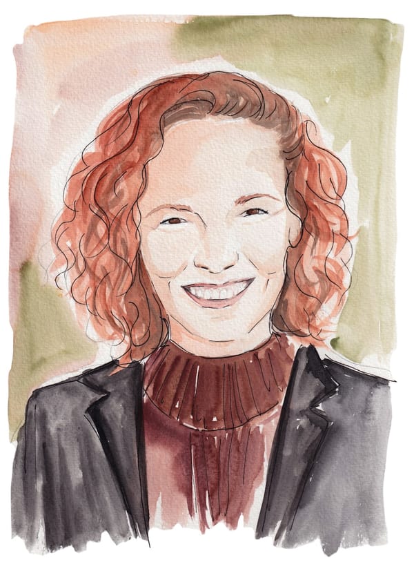 Watercolor of the author Rebecca Kelliher, with curly brown hair and a big smile. She wears a brown roll-neck sweater and a black blazer.
