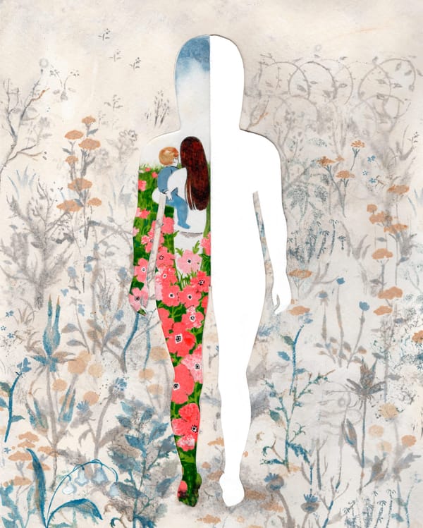 An artists's rendering of a woman, against a backdrop of painted flowers.