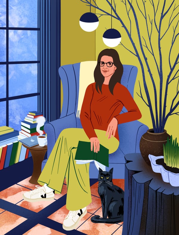 An illustration of Francesca Donner, editor-in-chief of The Persistent. She sits in a wing chair with a cat by her feet.