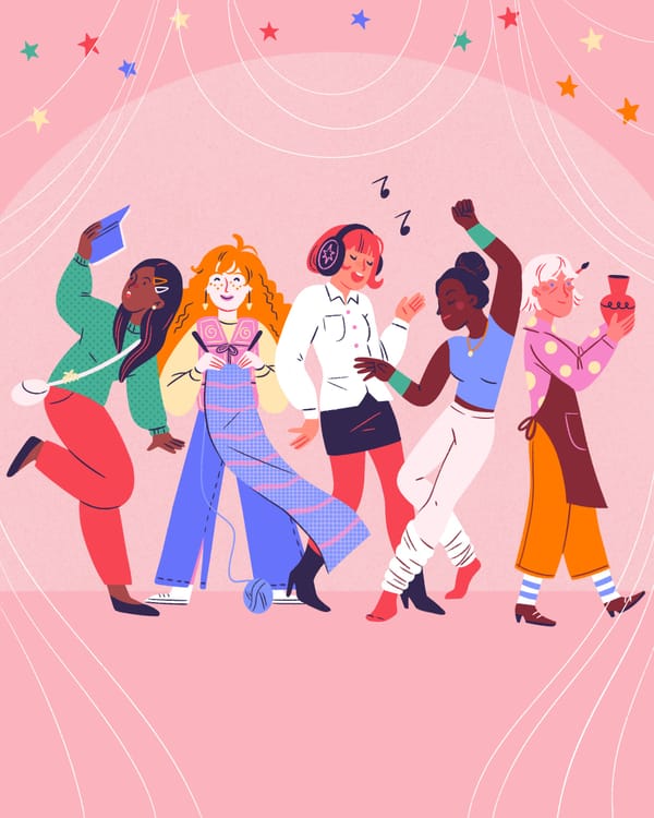 An illustration of women doing activities like knitting, dancing and making pottery.