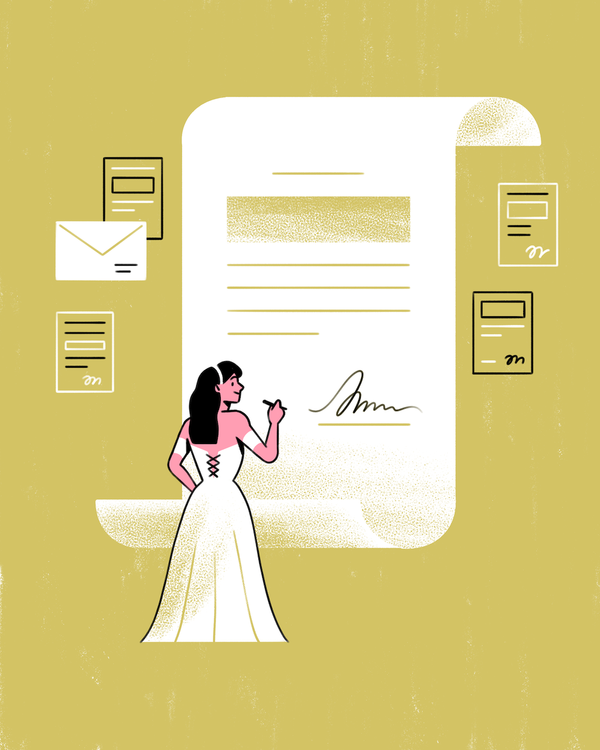 Illustration: a bride holds a pen, having signed her (scribbled) name on a huge, oversized contract. 