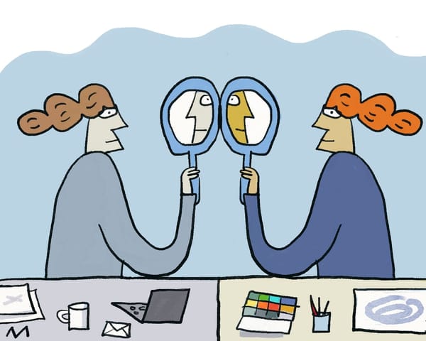 Illustration. In the foreground, a table is divided into a desk and a table with paints and paper on it. Behind them, mirror images of a woman look into a mirror.