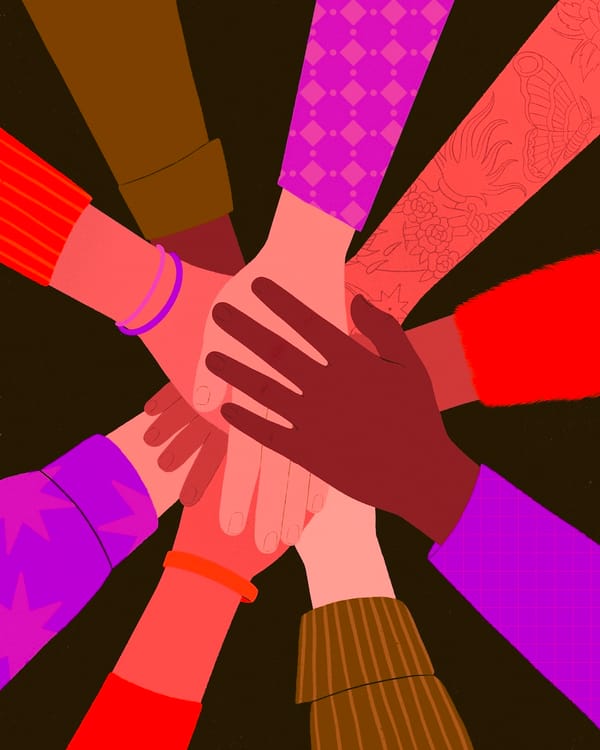 Illustration showing hands of different races on top of one another. Their sleeves are various hues of red, purple and brown.